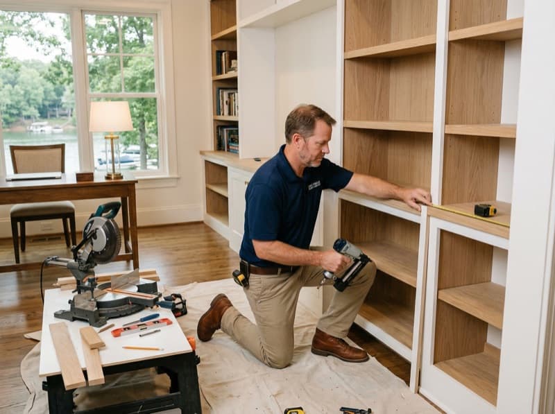 Custom built-in bookshelves being installed