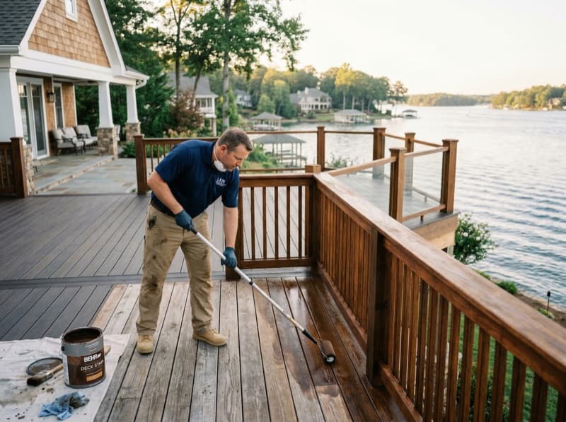Deck staining overlooking Lake Norman