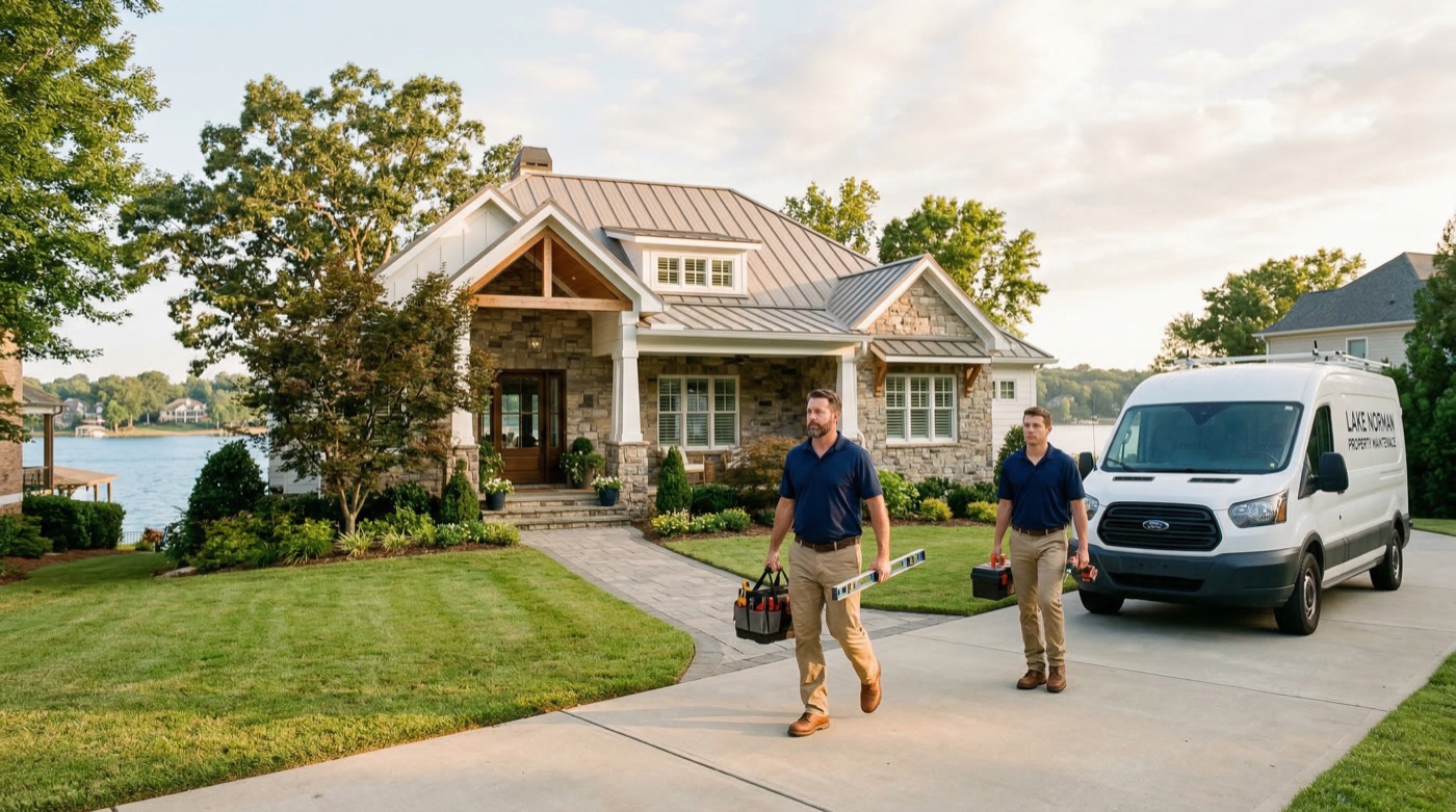 Professional handyman team arriving at an upscale Lake Norman home